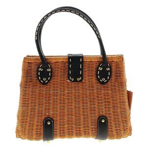 👜 Vintage Wicker Rattan & Black Leather Handbag – Woven Purse with Handles